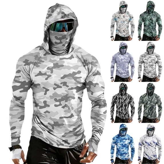 Nestiefly Men's Camo UPF 50+ Hooded Fishing Shirts Long Sleeve Sun Protection Hoodie, Hiking Running Swimming Rash Guard with Mask 2026 Light Blue 3XL