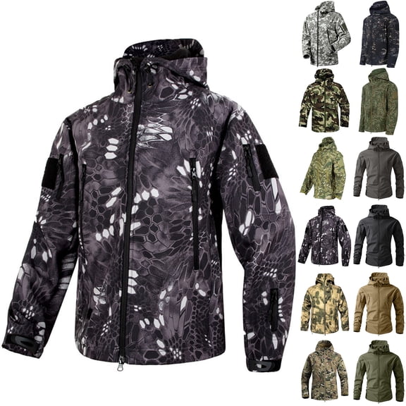 Nestiefly Men's Camouflage Jacket Full-Zip Waterproof Fleece Lined Winter Coats Hooded Military Windbreaker Jackets with Pocket Khaki 2XL