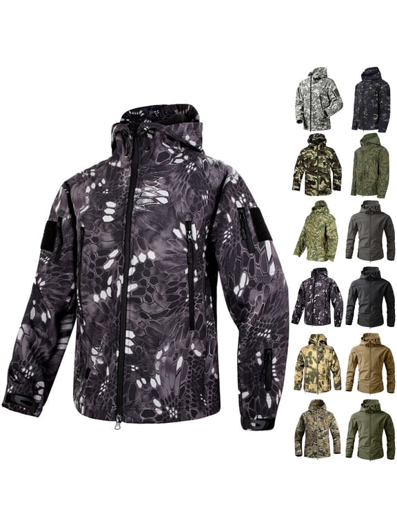 Men's Camouflage Jacket Full-Zip Waterproof Fleece Lined Winter Coats Hooded Military Windbreaker Jackets with Pocket Snake Pattern M