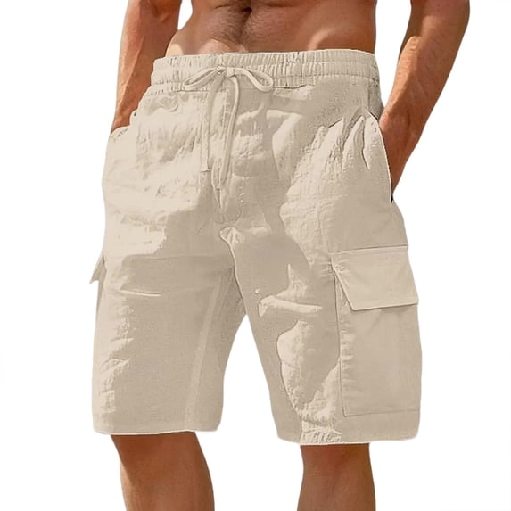Nestiefly Men's Cargo Shorts Casual Cotton Drawstring Short Elastic Waist Work Shorts with Multi Pockets Khaki 3XL