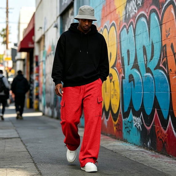 Nestiefly Men's Cargo Sweatpants Wide Leg Baggy Track Pants Elastic Waist Drawstring Trousers with Pockets Red XL