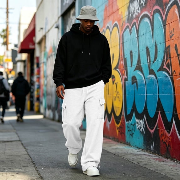 Nestiefly Men's Cargo Sweatpants Wide Leg Baggy Track Pants Elastic Waist Drawstring Trousers with Pockets White XL