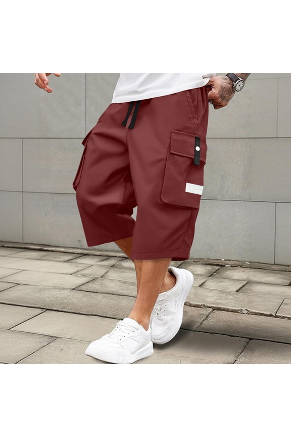 Men's Casual Drawstring Capri Cargo Pants, 3/4 Length Long Drawstring Stretch Elastic Waist Shorts Below Knee Deep Red 3XL