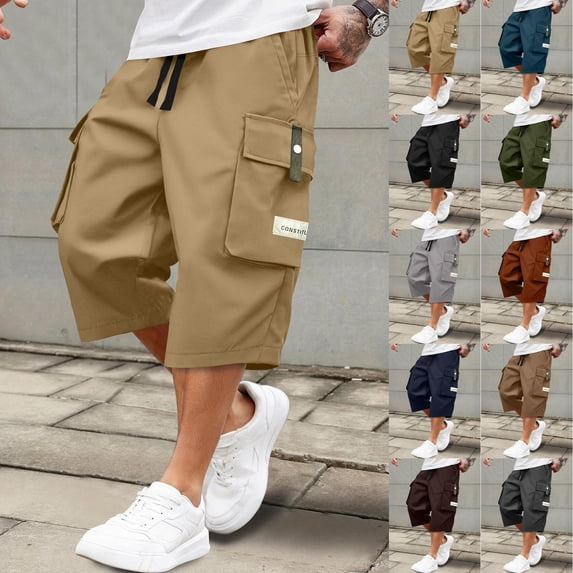 Nestiefly Men's Casual Drawstring Capri Cargo Pants, 3/4 Length Long Drawstring Stretch Elastic Waist Shorts Below Knee Earthy Yellow 2XL