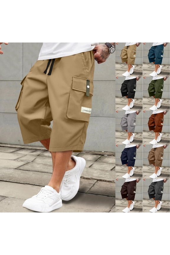 Men's Casual Drawstring Capri Cargo Pants, 3/4 Length Long Drawstring Stretch Elastic Waist Shorts Below Knee Light Gray 2XL