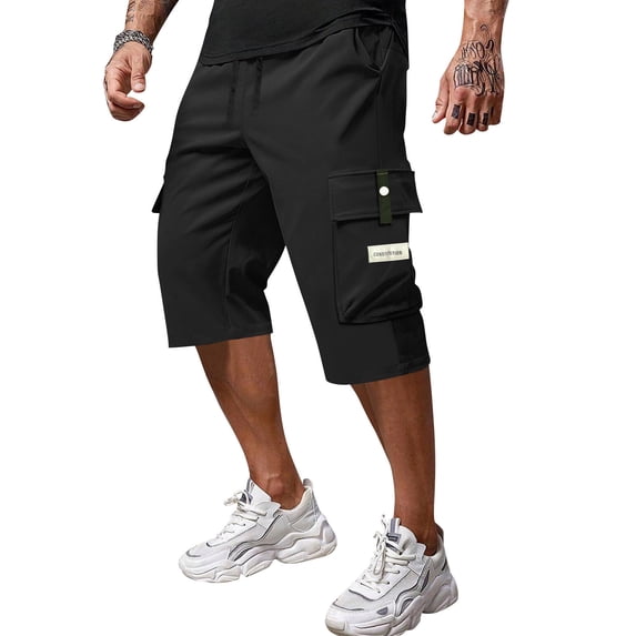 Nestiefly Men's Casual Drawstring Capri Cargo Pants, 3/4 Length Long Drawstring Stretch Elastic Waist Shorts Multi Pockets Below Knee Black 2XL
