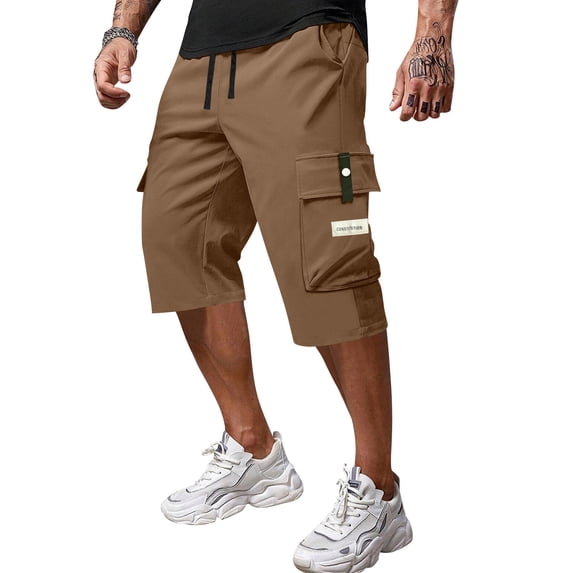 Nestiefly Men's Casual Drawstring Capri Cargo Pants, 3/4 Length Long Drawstring Stretch Elastic Waist Shorts Multi Pockets Below Knee Khaki M
