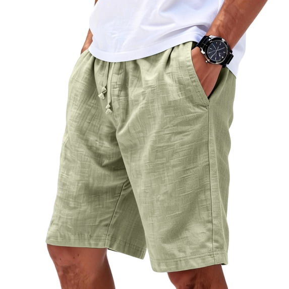Nestiefly Men's Casual Drawstring Cotton Linen Shorts with Pockets - Fit Stretch Work & Beach Shorts Green L