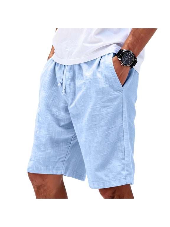 Men's Casual Drawstring Cotton Linen Shorts with Pockets - Fit Stretch Work & Beach Shorts Light Blue 3XL