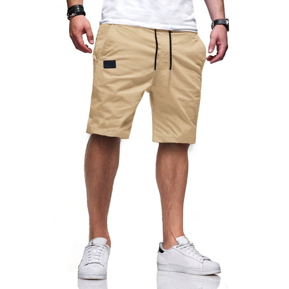 Nestiefly Men's Casual Shorts Cotton Linen Elastic Waist Drawstring Shorts Lightweight Summer Beach Shorts with Pockets Khaki 3XL