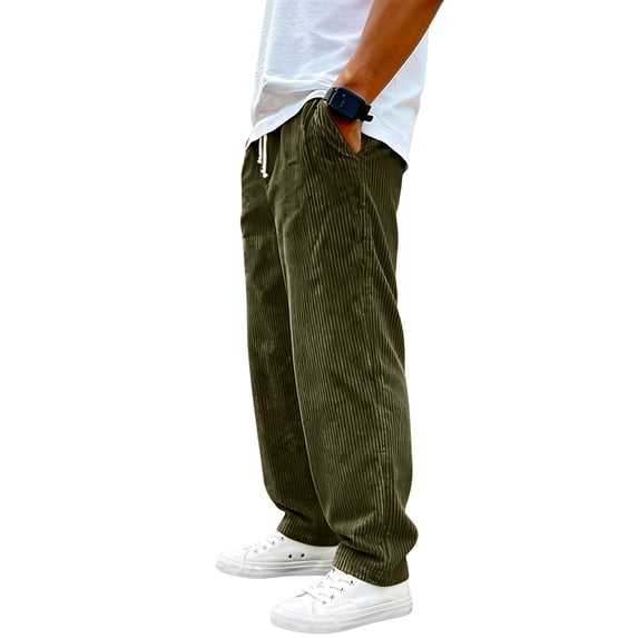 Nestiefly Men's Corduroy Pants Wide Leg Straight Sweatpants Elastic Waist Drawstring Casual Loose Fit Trousers Plus Size Clothes Dark Green 2XL