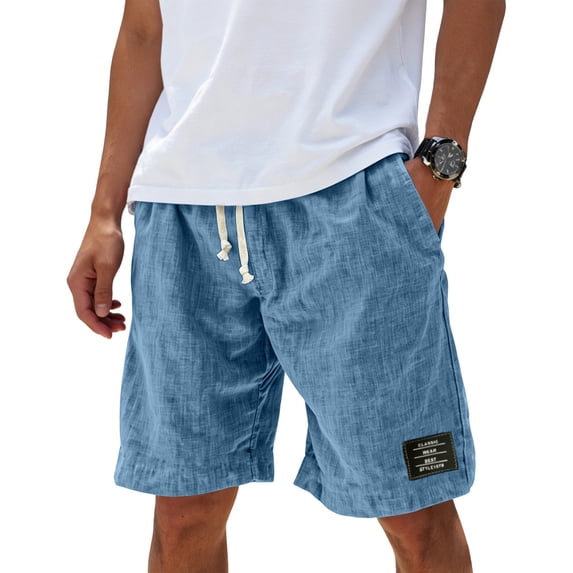 Nestiefly Men's Cotton Linen Casual Shorts Elastic Waist Drawstring Summer Beach Shorts with Pockets Navy 5XL