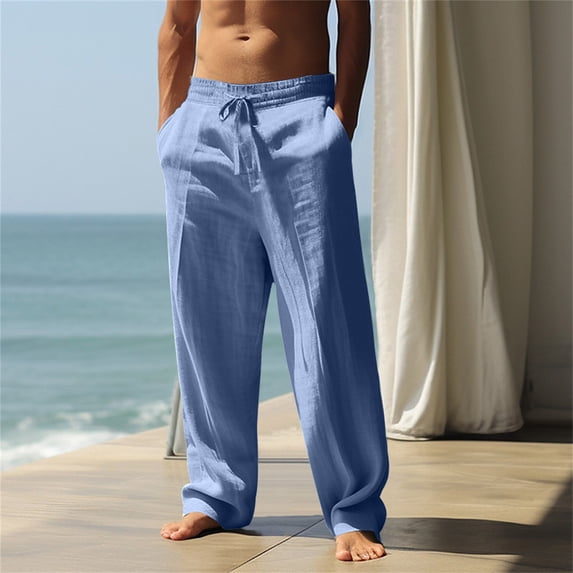 Nestiefly Men's Cotton Linen Pants Casual Summer Beach Pants Loose Fit with Elastic Waist Drawstring Trousers Slacks 2026 Light Blue 2XL