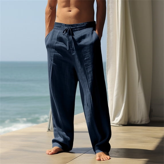 Nestiefly Men's Cotton Linen Pants Casual Summer Beach Pants Loose Fit with Elastic Waist Drawstring Trousers Slacks 2026 Navy L