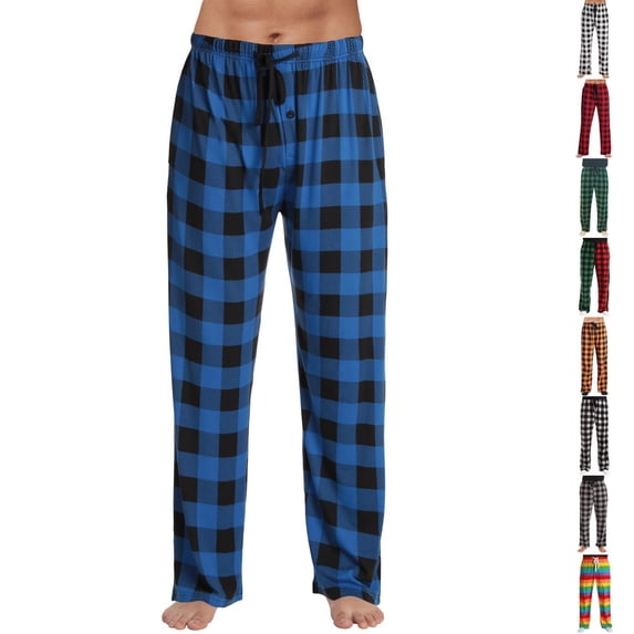 Nestiefly Men's Cotton Pajama Pants Plaid Drawstring Lightweight Pjs Bottoms Sleepwear Bottom Pants with Pocket Blue XL