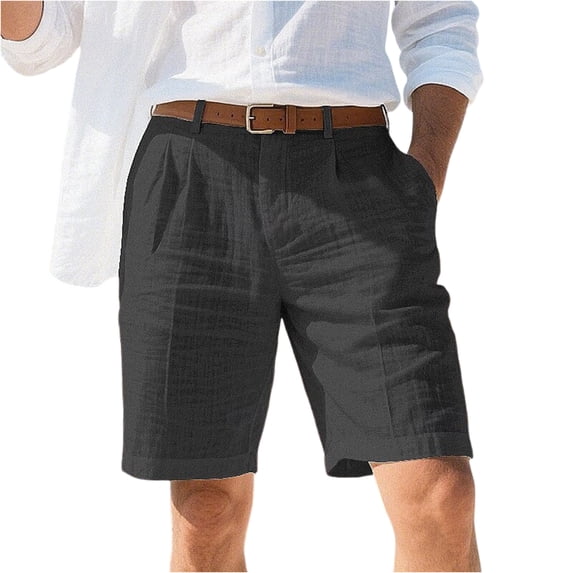 Nestiefly Men's Golf Dress Shorts Casual Cotton Linen Button Elastic Waist Summer Beach Golf Shorts with Multi-Pocket Black S