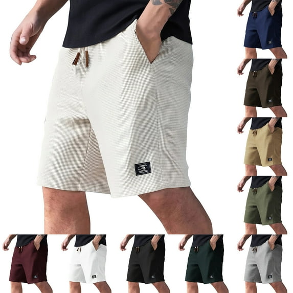 Nestiefly Men's High Waisted Shorts Elastic Waist Jacquard Texture Drawstring Formal Sweat Shorts Waffle Knit Above Knee Loose Fit Big and Tall Shorts with Pockets Beige 2XL