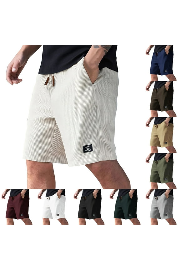 Men's High Waisted Shorts Elastic Waist Jacquard Texture Drawstring Formal Sweat Shorts Waffle Knit Above Knee Loose Fit Big and Tall Shorts with Pockets Beige 2XL