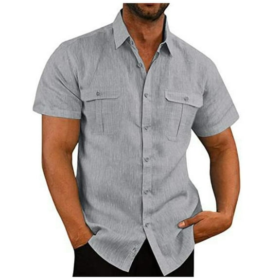 Nestiefly Men's Linen Button Down Short Sleeve Shirts Button Down Collared Hawaiian Beach Polo Shirts Summer Vacation Dress Shirts Gray L