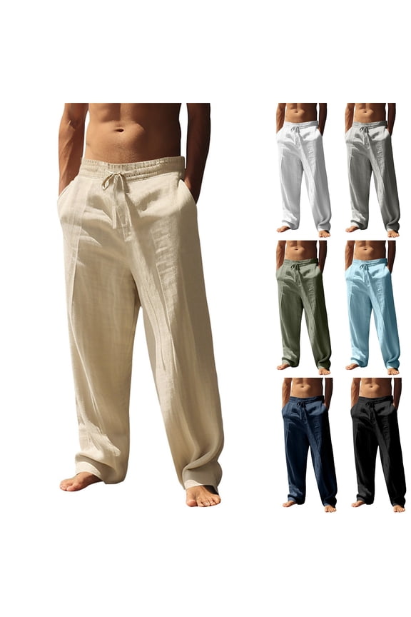 Men's Linen Pants Beach Casual Cotton Summer Lightweight Elastic Waist Drawstring with Deep Pockets Khaki L
