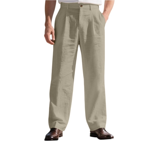 Nestiefly Men's Linen Straight Fit Trousers Dressy Lightweight Classic Pleated Beach Pants with Belt Loops 2026 Khaki 3XL