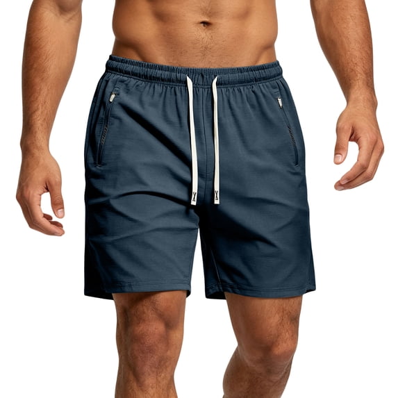 Nestiefly Men's Linerless Workout Elastic Waist Drawstring Shorts Quick Dry for Running Sports Athletic Gym with Zipper Pockets Dark Blue L