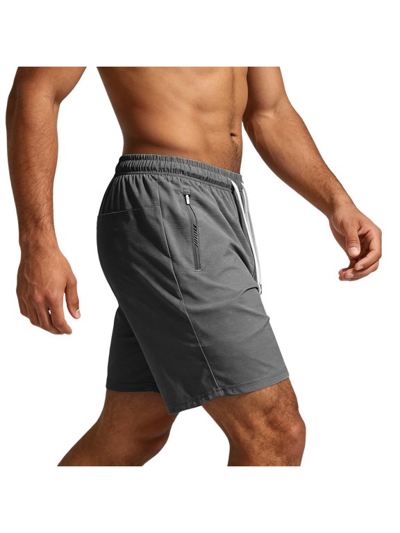 Men's Linerless Workout Elastic Waist Drawstring Shorts Quick Dry for Running Sports Athletic Gym with Zipper Pockets Dark Gray XL