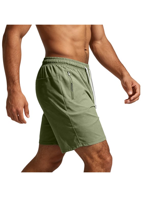 Men's Linerless Workout Elastic Waist Drawstring Shorts Quick Dry for Running Sports Athletic Gym with Zipper Pockets Green M