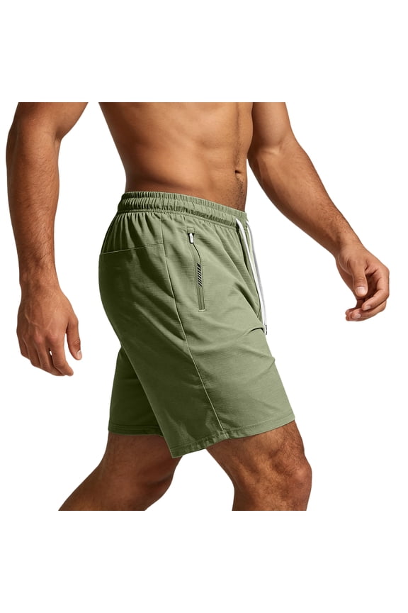 Men's Linerless Workout Elastic Waist Drawstring Shorts Quick Dry for Running Sports Athletic Gym with Zipper Pockets Green M