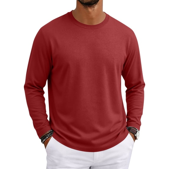 Nestiefly Men's Long Sleeve T-Shirts Lightweight Soft Crew Neck Gym Tees for Running Lounging Basic Tee Shirts Red L