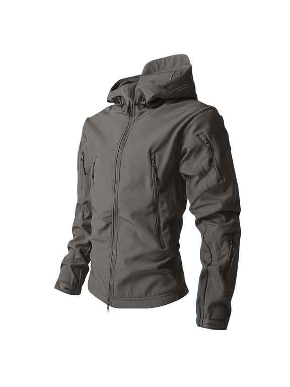 Men's Military Tactical Full-Zip Jackets Camouflage Softshell Fleece Fall Windbreaker Waterproof Outdoor Hooded Rain Coats 2026 Gray M