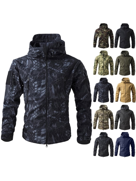 Men's Military Tactical Jackets Camouflage Softshell Fleece Fall Windbreaker Waterproof Outdoor Hooded Rain Coats Blue L