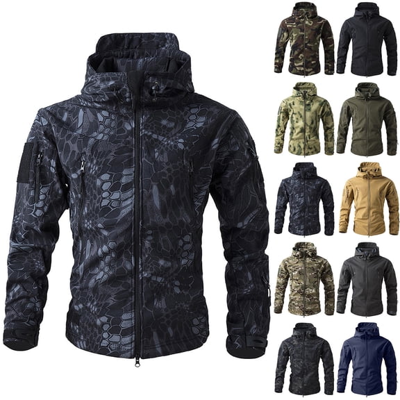 Nestiefly Men's Military Tactical Jackets Camouflage Softshell Fleece Fall Windbreaker Waterproof Outdoor Hooded Rain Coats Snake Pattern L