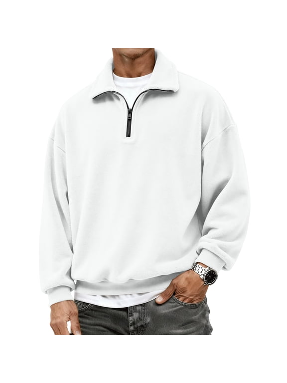 Men's Quarter-Zip Polar Fleece Jacket, Long Sleeve Half Zip Fleece Pullover Sweaters Thermal Golf Sweatshirt White S