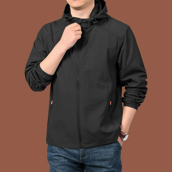 Nestiefly Men's Rain Jacket Waterproof Raincoat Lightweight Rain Shell Hood Travel Golf Hiking Cycling Zip Pockets Black L