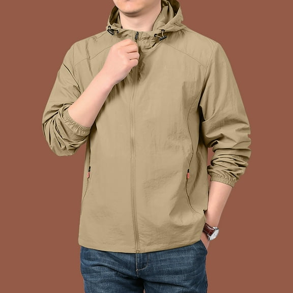 Nestiefly Men's Rain Jacket Waterproof Raincoat Lightweight Rain Shell Hood Travel Golf Hiking Cycling Zip Pockets Khaki M