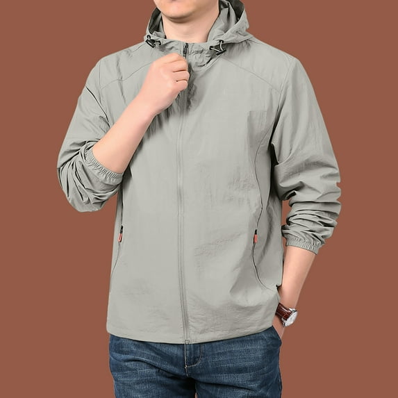 Nestiefly Men's Rain Jacket Waterproof Raincoat Lightweight Rain Shell Hood Travel Golf Hiking Cycling Zip Pockets Light Gray 2XL