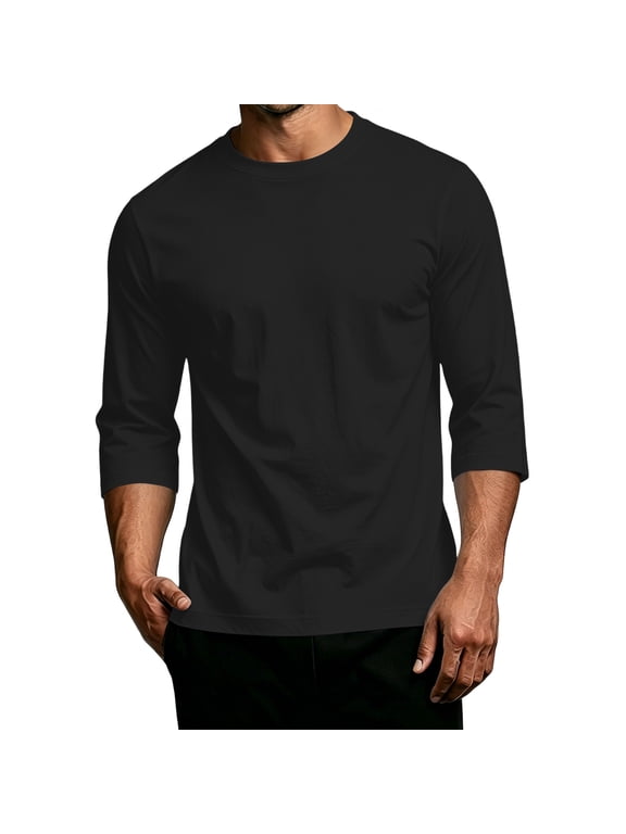 Men's Shirts 3/4 Sleeve Cotton T-Shirt Crew Neck Tees Classic Basic Casual Tops Plain Soft Shirt Black 2XL
