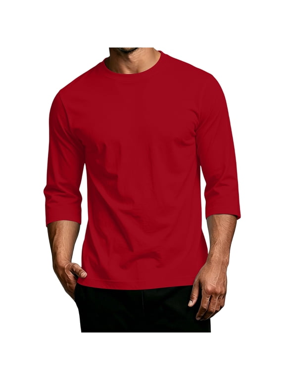 Men's Shirts 3/4 Sleeve Cotton T-Shirt Crew Neck Tees Classic Basic Casual Tops Plain Soft Shirt Red 2XL