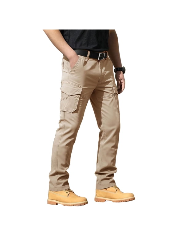 Men's Tactical Pants Stretch Waterproof Durable Cargo Pants for Hiking Casual Work Multi Pockets (No Belt) Khaki M