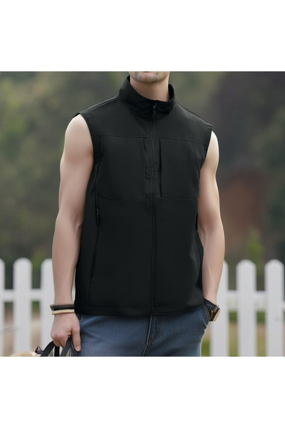 Men's Windproof Lightweight Golf Vest Outerwear with Pockets, Softshell Sleeveless Jacket for Running Hiking Sports Black L