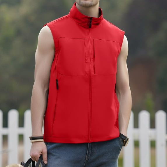 Nestiefly Men's Windproof Lightweight Golf Vest Outerwear with Pockets, Softshell Sleeveless Jacket for Running Hiking Sports Red 2XL