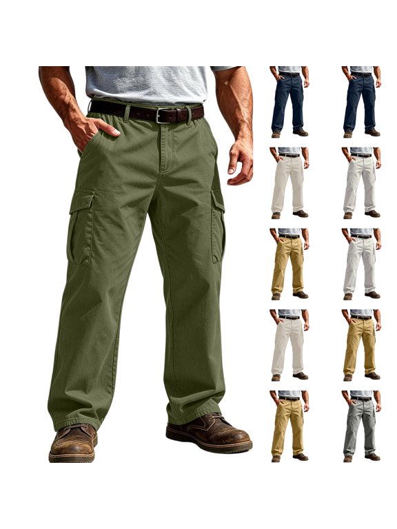 Men's and Big Mens Cargo Pants Outdoor Hiking Relaxed Fit Pull On Work Pant with Multi-Pockets (No Belt) Army Green M