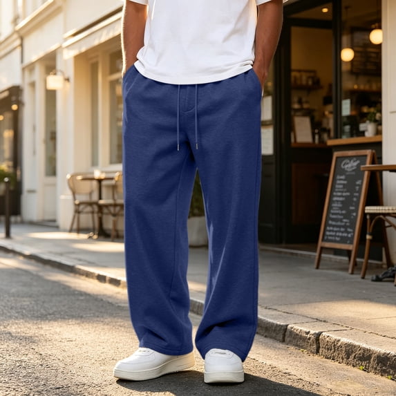 Nestiefly Mens Baggy Sweatpants Casual Straight Wide Leg Fleece Sweat Pants Athletic Workout Gym Jogger with Pockets Dark Blue M