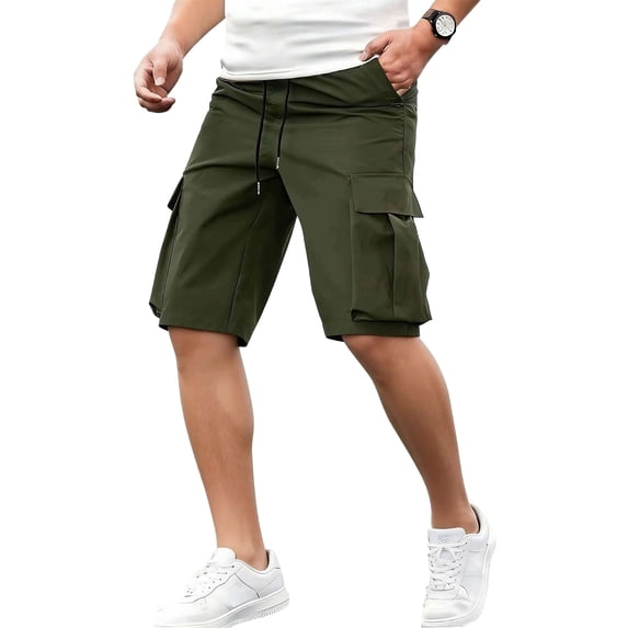 Nestiefly Mens Cargo Cotton Chino Shorts Elastic Waist Drawstring Casual Work Shorts Summer Hiking Traval Shorts with 4 Pockets Army Green L