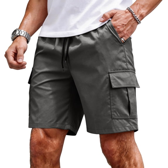 Nestiefly Mens Cargo Cotton Twill Cargo Shorts Drawstring Stretch Elastic Waist Casual Work Short with Pockets Dark Gray L