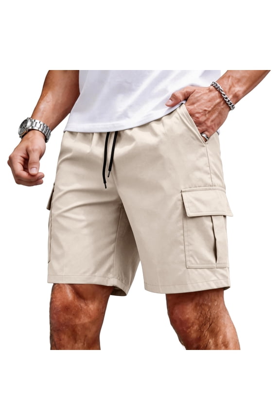 Mens Cargo Cotton Twill Cargo Shorts Drawstring Stretch Elastic Waist Casual Work Short with Pockets Khaki 3XL