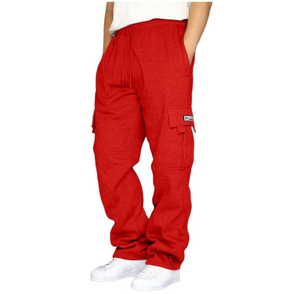 Nestiefly Mens Cargo Sweatpants Drawstring Casual Hiking Pants Joggers Athletic Trousers Cotton Loose Straight Pants for Men Red L