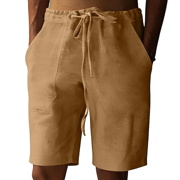 Nestiefly Mens Casual Cotton Linen Shorts Elastic Waist Drawstring Loose Fit Summer Beach Vacation Shorts with Pockets Yellow 2XL