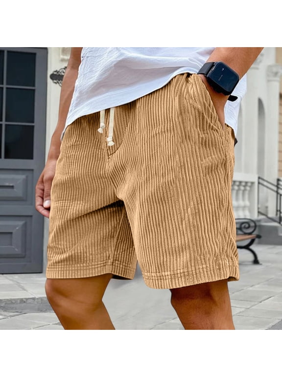Mens Corduroy Shorts Casual Elastic Waistband Big and Tall Shorts Solid Color Lightweight Work Short with Pockets Khaki M